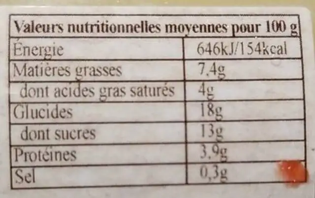 Crème caramel beurre salé nutrition facts table