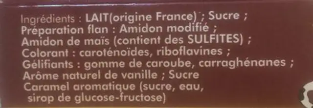 Flan vanillé sur caramel ingredients label