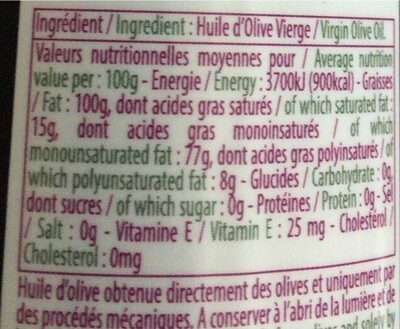 Huile d’Olive extraite d’olives maturées nutrition facts table