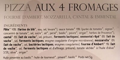 Pizza 4 Fromages ingredients label