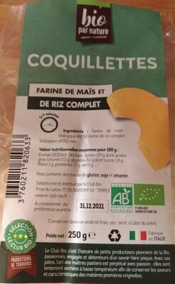 Coquillettes farine de maïs et de riz complet front packaging