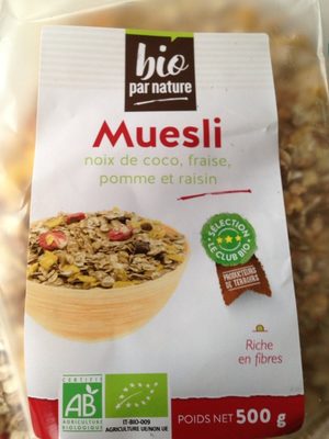 Muesli noix de coco, fraise, pomme et raisin bio front packaging
