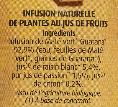 Maté Vert au Jus de Passion & Guarana ingredients label
