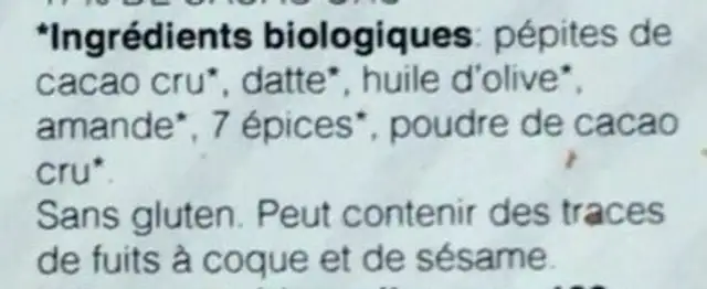 Truffes de caco cru 7 épices ingredients label