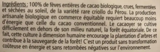 Fèves entières fermentées de cacao cru ingredients label