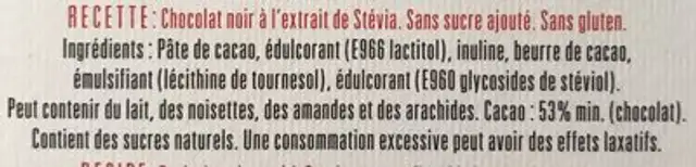 Chocolat Noir Extrait de Stevia ingredients label