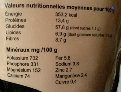 Quinoa d'Anjou nutrition facts table
