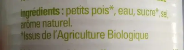 Petits pois extra fins ingredients label