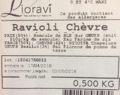 Raviolis ingredients label