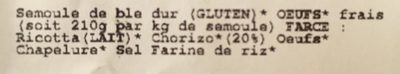 Ravioli ricotta chorizo ingredients label