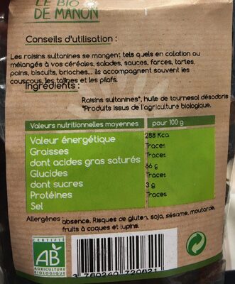 Raisins sultanines ingredients label