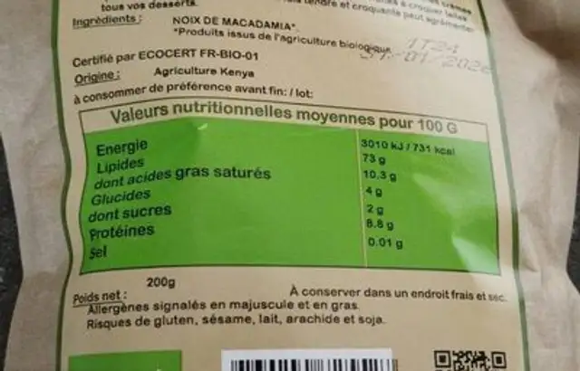 Noix de Macadamia nutrition facts table