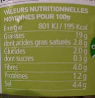 Olives vertes tartinables nutrition facts table