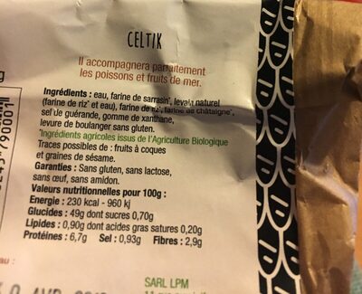Pain celtik ingredients label