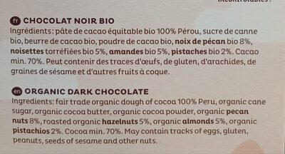 Chocolat noir 70% mendiant ingredients label