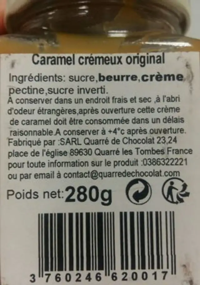 Le caramel créMeuh ingredients label