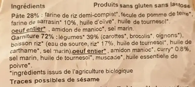 Tarte au légumes au curry ingredients label