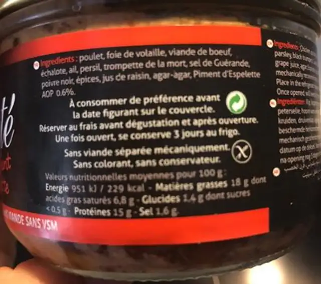 Pâté au piment d'espelette ingredients label