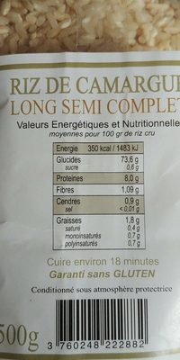 Riz de Camargue long semi complet biologique ingredients label