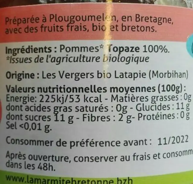 Purée pommes topaze nutrition facts table