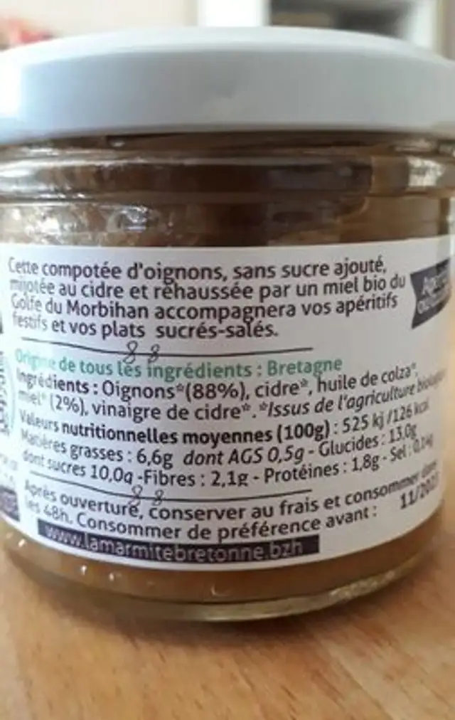 Compotée oignons au miel d'abeilles noires nutrition facts table