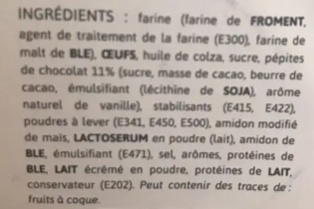 Grand muffin aux pépites de chocolat ingredients label
