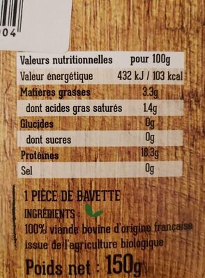 BAVETTE nutrition facts table