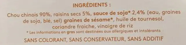Chou chinois braise ingredients label