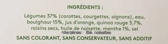 Legumes al dente a la menthe fraiche ingredients label