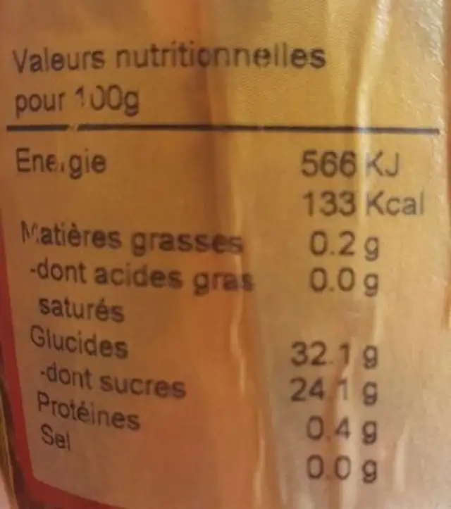 Sorbet à la fraise nutrition facts table