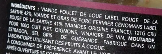 Rillettes de poulet de Loué à la diable ingredients label