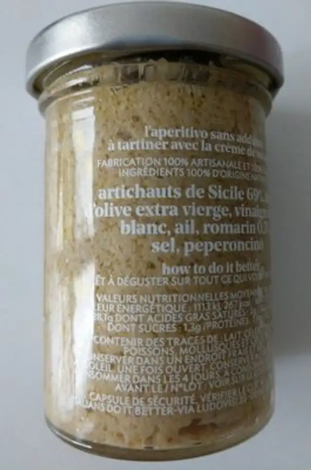 Crème d'artichauts et romarin ingredients label