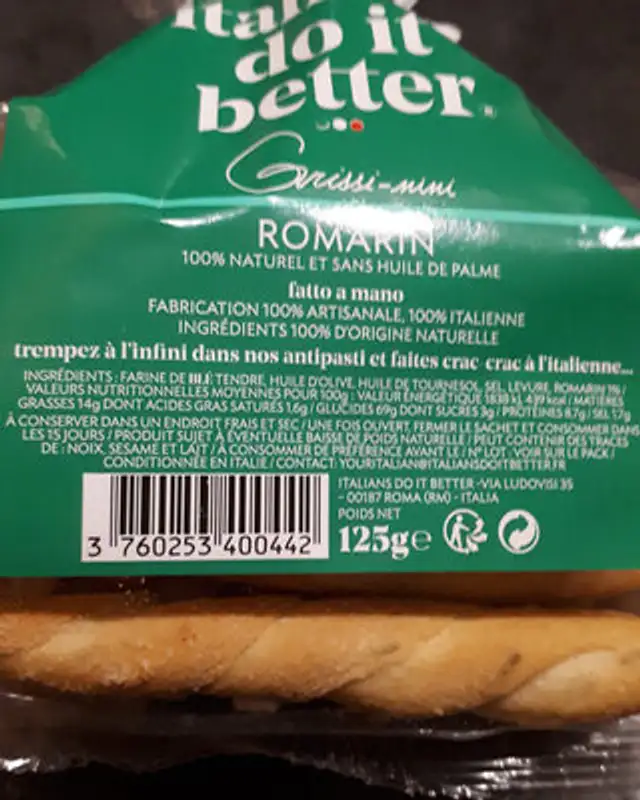 Grissi-mini nutrition facts table