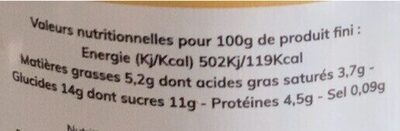 Yahourt Mirabelle nutrition facts table