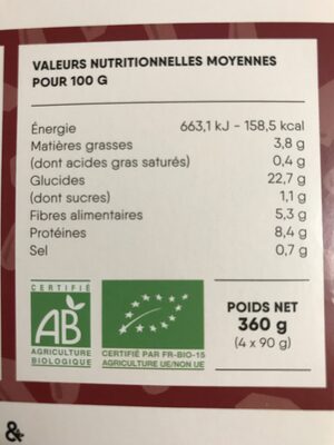 Galettes Haricots rouges - Poivrons - Curry nutrition facts table