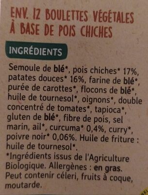 Boulettes de pois chiches Patate douce Curcuma ingredients label
