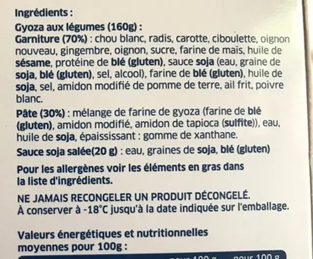 Gyozas aux legumes ingredients label