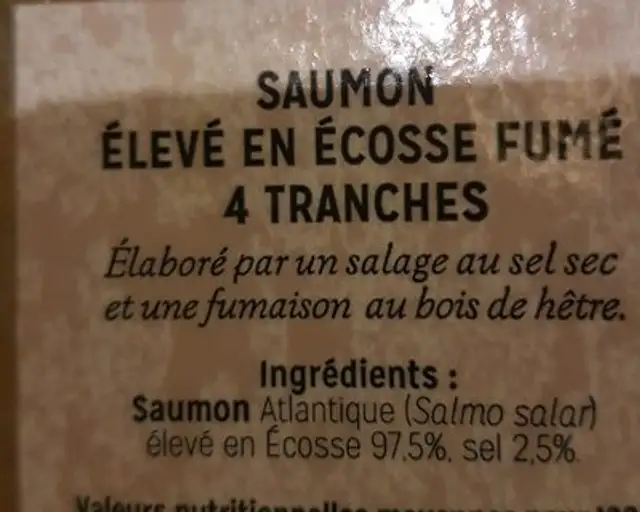 Saumon d'Ecosse fumé ingredients label