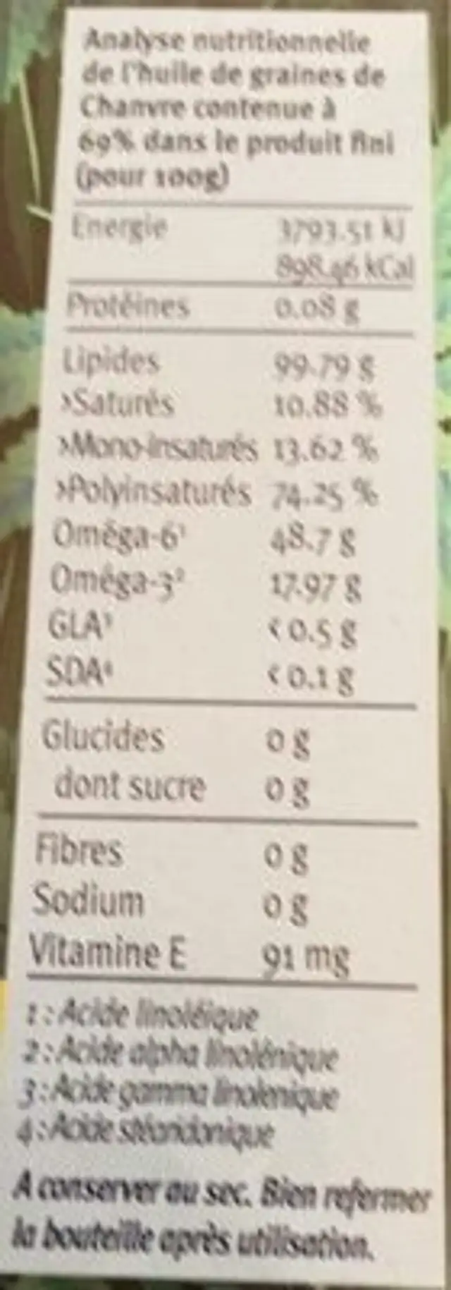 Huile de CBD a 5% nutrition facts table