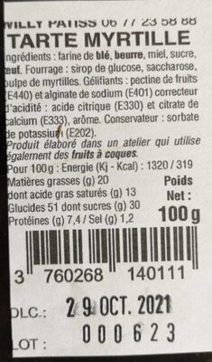 Tarte myrtille nutrition facts table