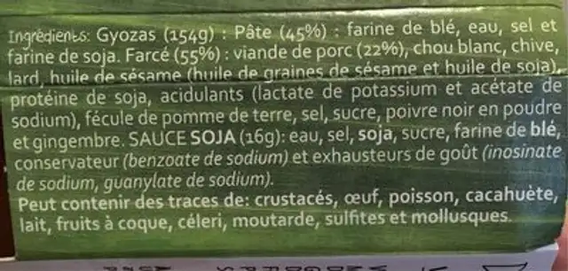 Gyoza à la viande ingredients label