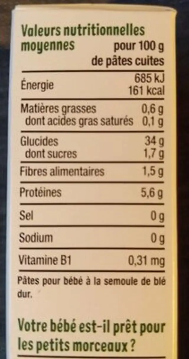 Mini pâtes risoni nutrition facts table