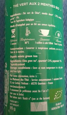 Thé vert aux 2 menthes bio ingredients label