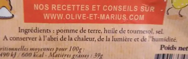 Chips à l'ancienne ingredients label