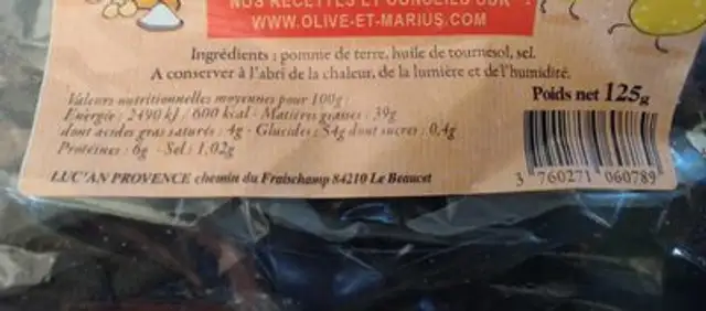 Chips à l'ancienne nutrition facts table