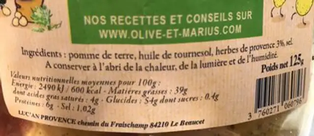 Chips aux herbes de Provence ingredients label
