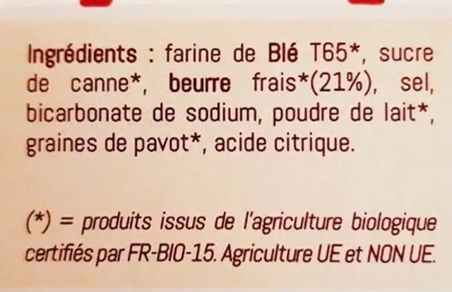 Biscuit nature au beurre ingredients label