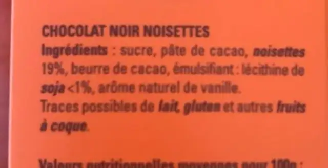 Barre chocolat ingredients label