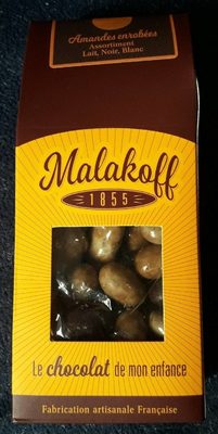 Amandes enrobées Assortiment noir, lait, blanc front packaging