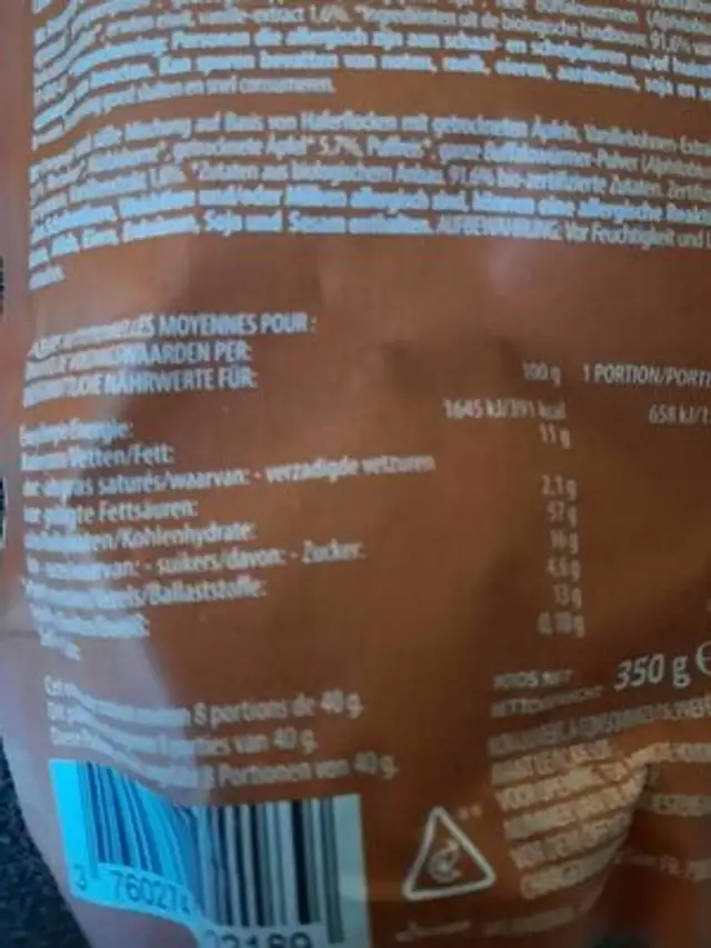 Granula pomme, vanille et poudre d'insectes nutrition facts table
